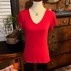 Red V-Neck Short Sleeve Top with Flutter Sleeves
